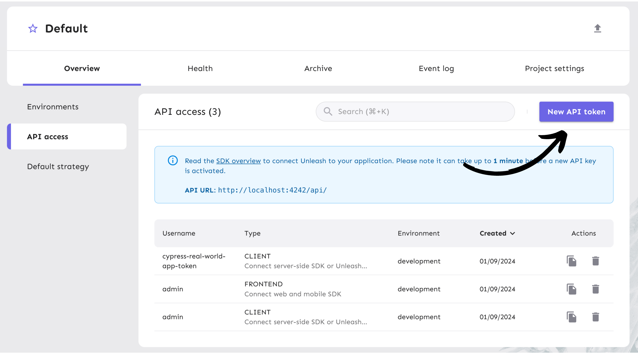 Image of the API token button in API Access view