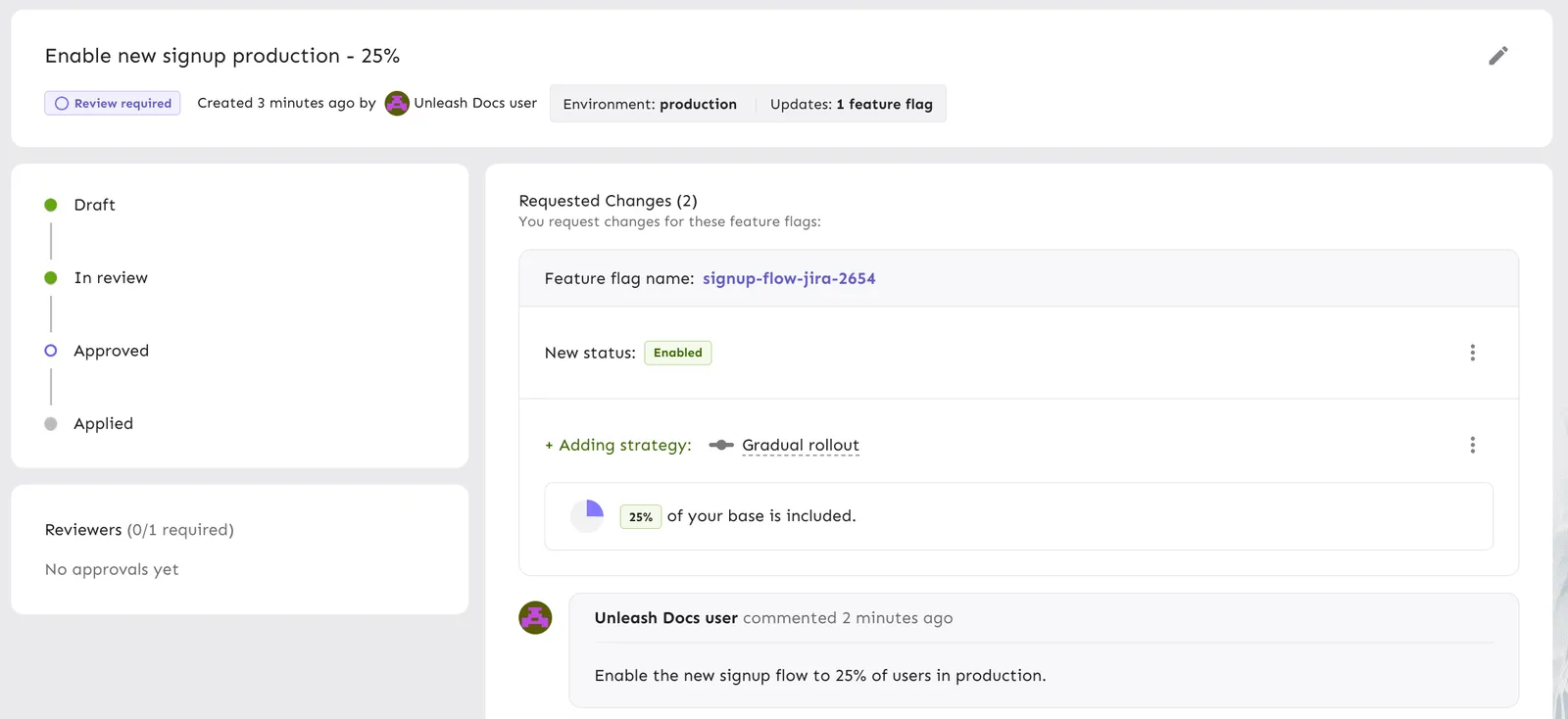 Preview of a change request to enable gradual rollout in production.