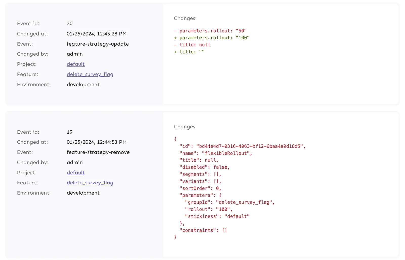 Event Log in Unleash tracks every single change made to flags, similar to Git commit history.