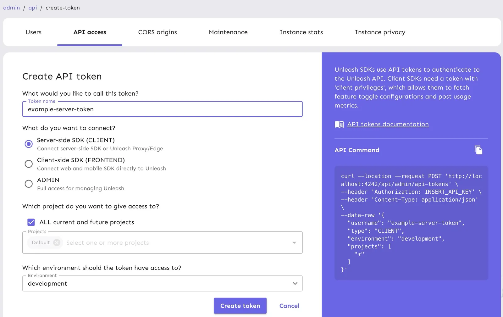 Selecting the API token type