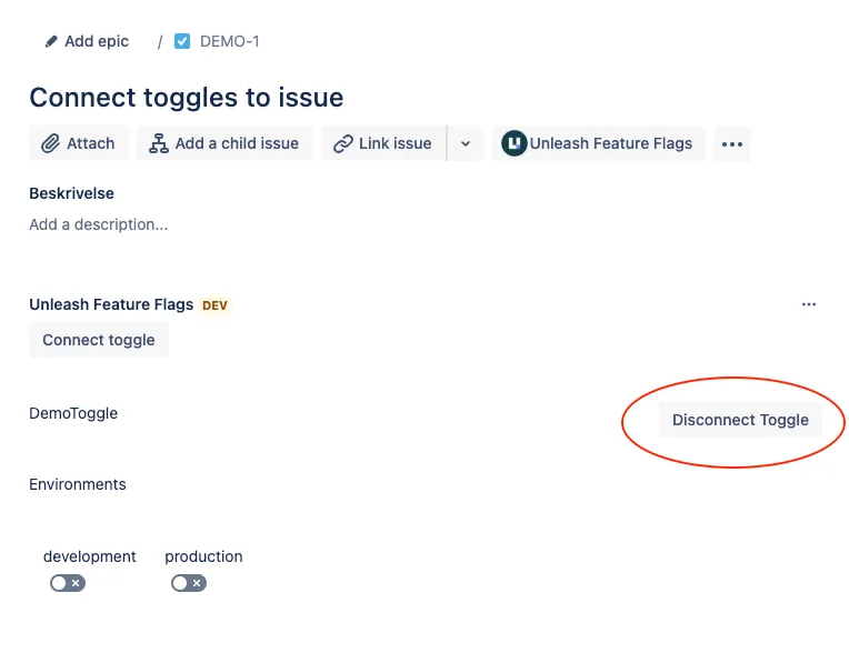 Jira Cloud: issue with a connected flag. The 'disconnect flag' button (highlighted) is displayed next to the flag's name.