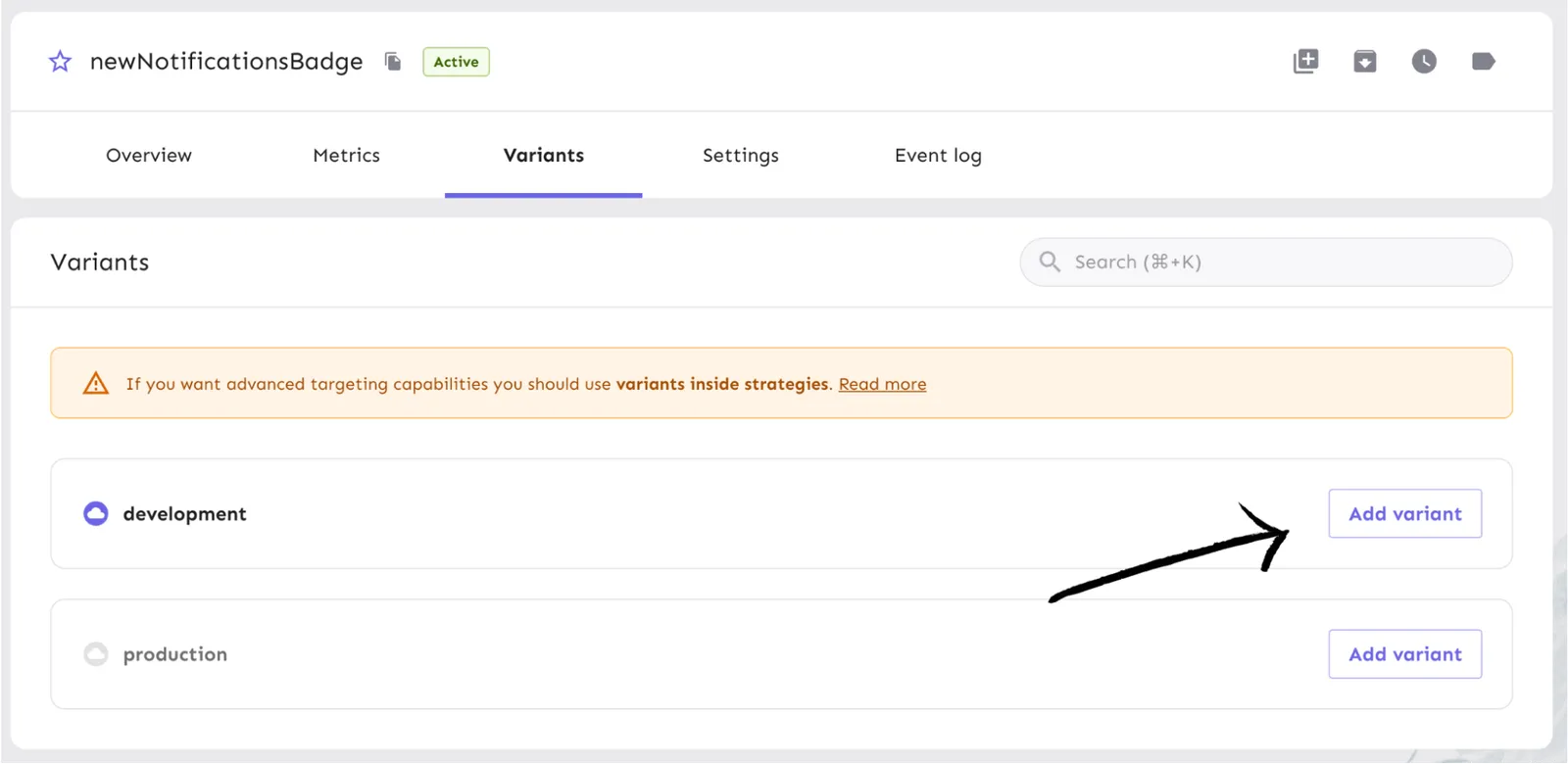 We point to the button in Unleash to add a variant, labeled "add variant".