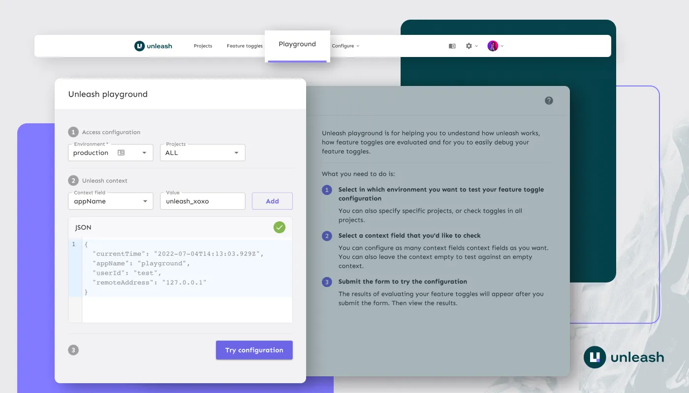 The Unleash Playground form and an indication of where in the nav menu it is located.