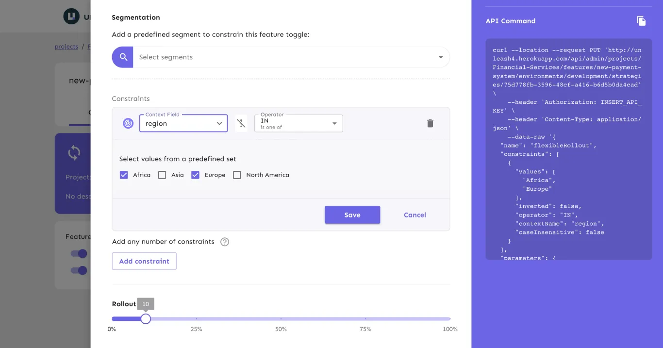 A strategy constraint form with a constraint set to "region". The "values" input is a dropdown menu containing the options "Africa", "Asia", "Europe", and "North America", as defined in the preceding paragraph.