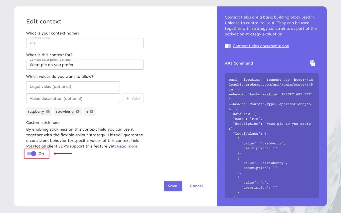 The Create Context screen in the Unleash UI. There's a flag at the bottom to control custom stickiness.