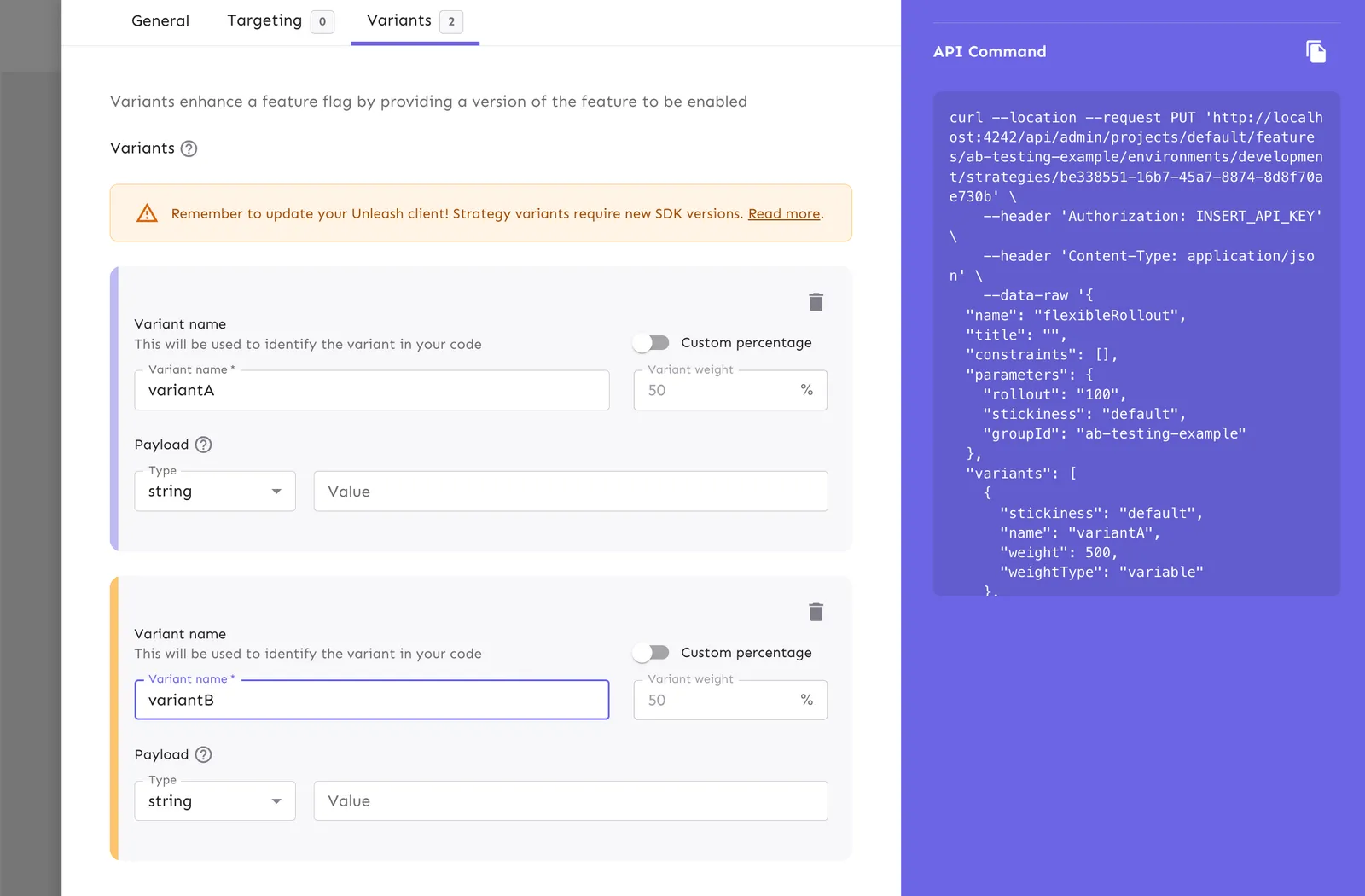You can configure multiple strategy variants for A/B testing within the gradual rollout form.