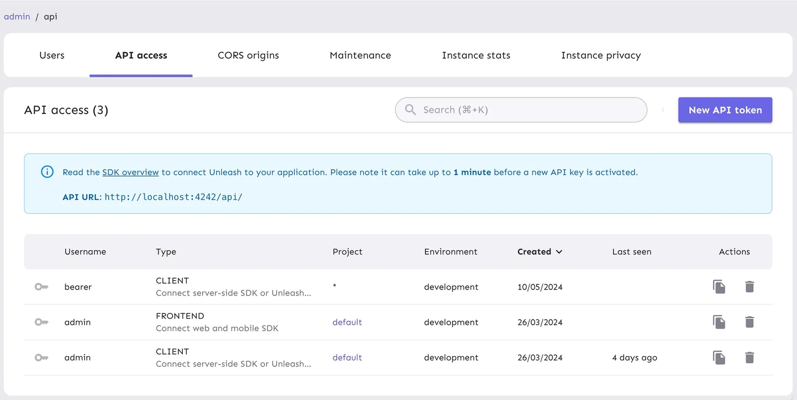 Image of the API token list