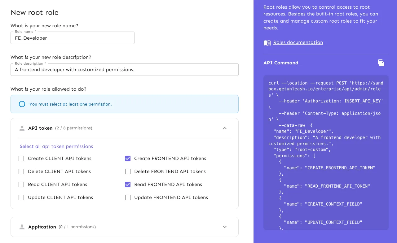 In the "New root role" form, name your role, add a description, and select permissions in each dropdown section in the form.