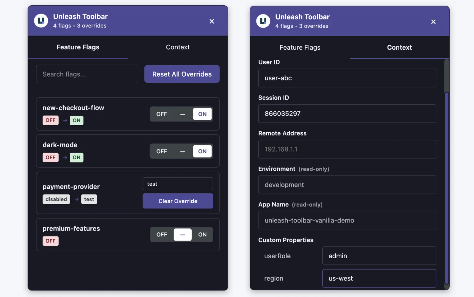 The Unleash Developer Toolbar showing flag overrides and context settings