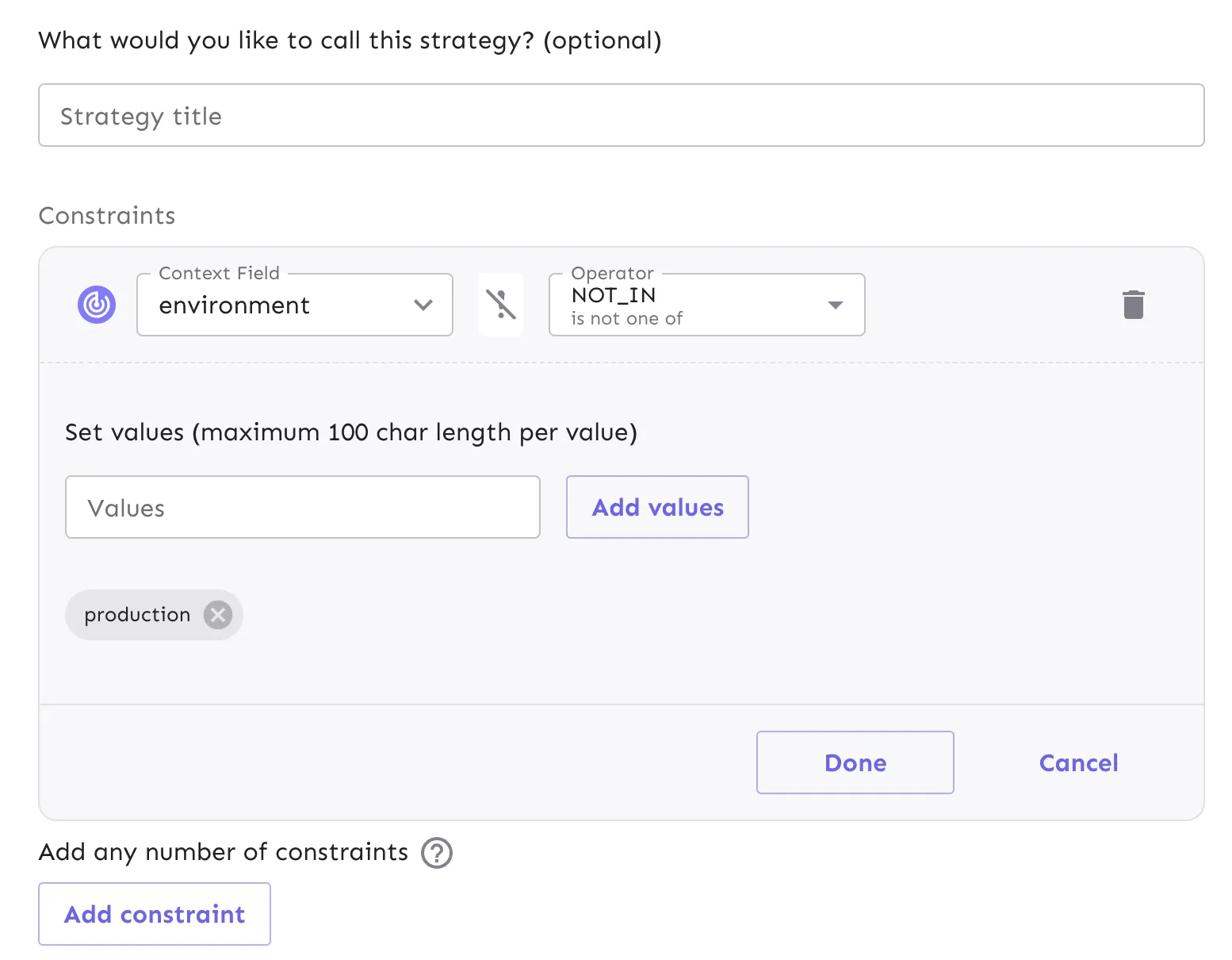The new constraint form includes a context field, operator, and values field to customize the conditions under which a user will be exposed to the flag