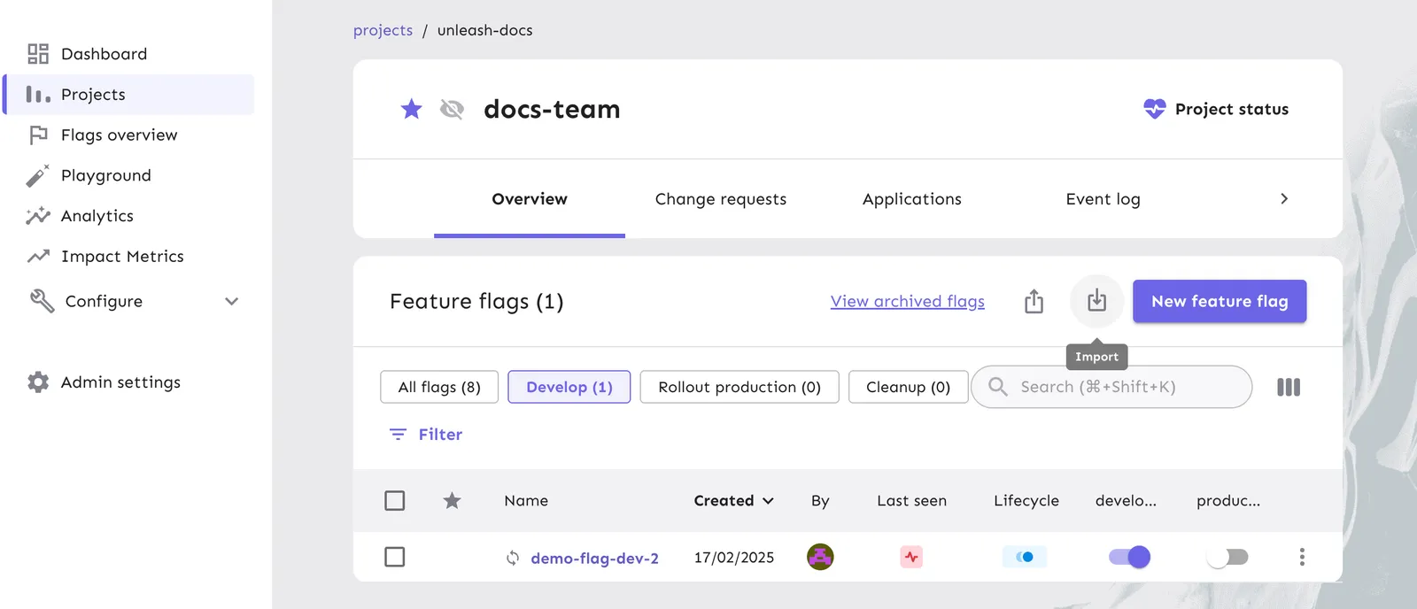 The import UI. It has three stages: import file, validate configuration, finish import.