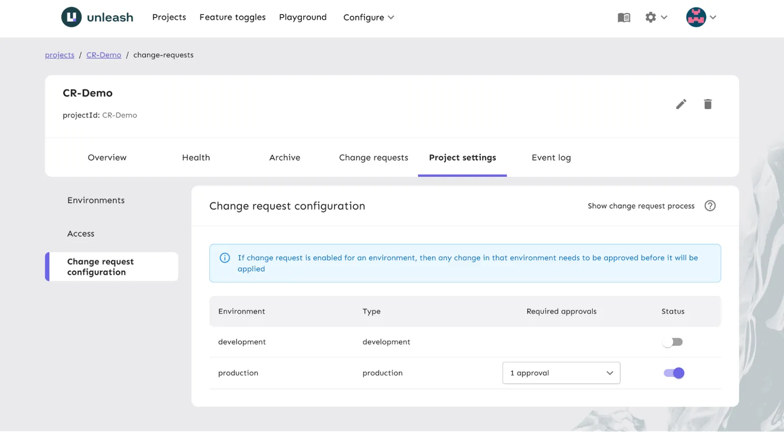 Change request configuration page under project settings.