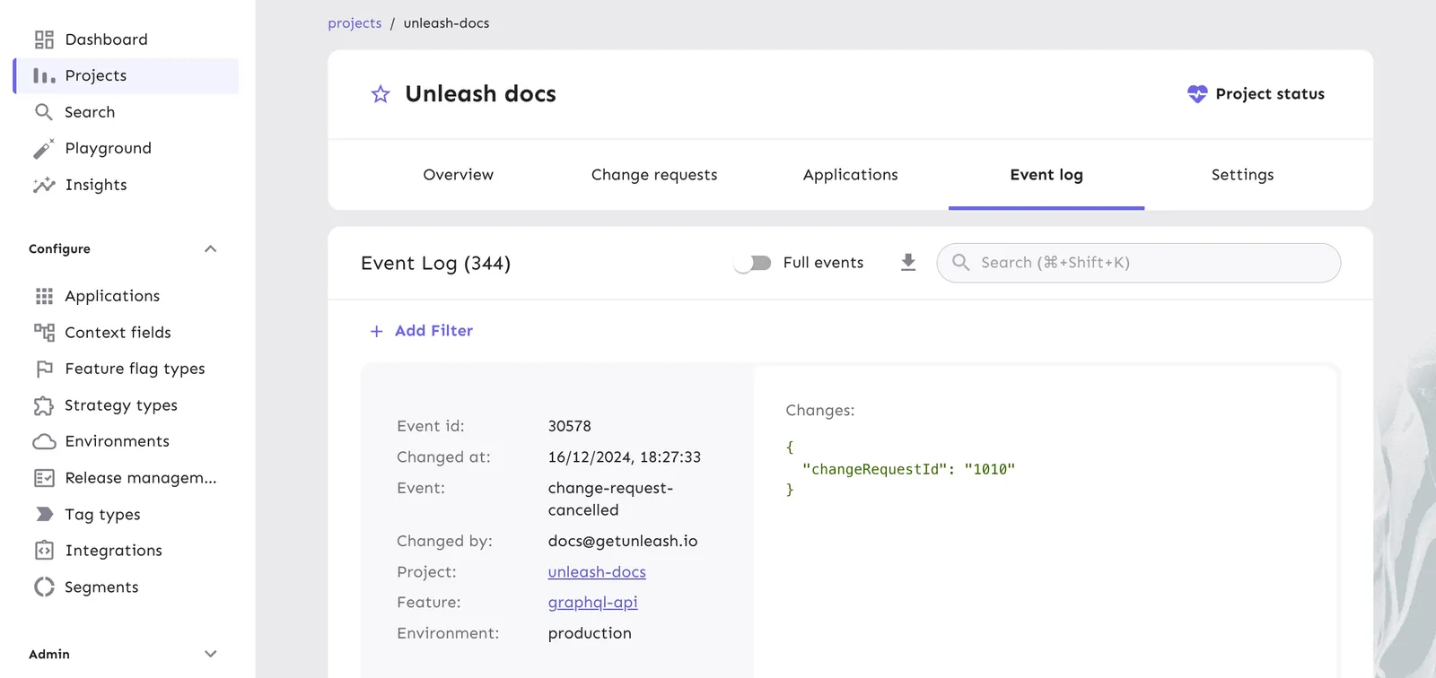 This event log captures a change request cancellation, the user who performed the cancellation, and other metadata.