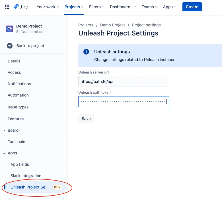 Jira Cloud project settings page with the apps menu open. The link to Unleash project settings is highlighted.