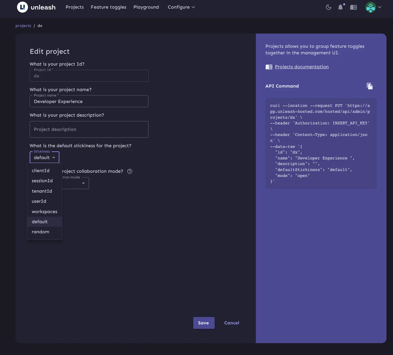 The Edit Project screen.  There is a dropdown for setting the default stickiness