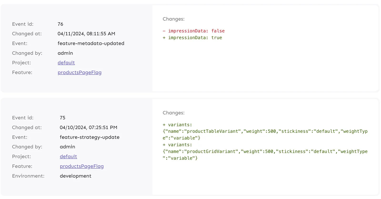 Event Log in Unleash tracks every single change made to flags, similar to Git commit history.