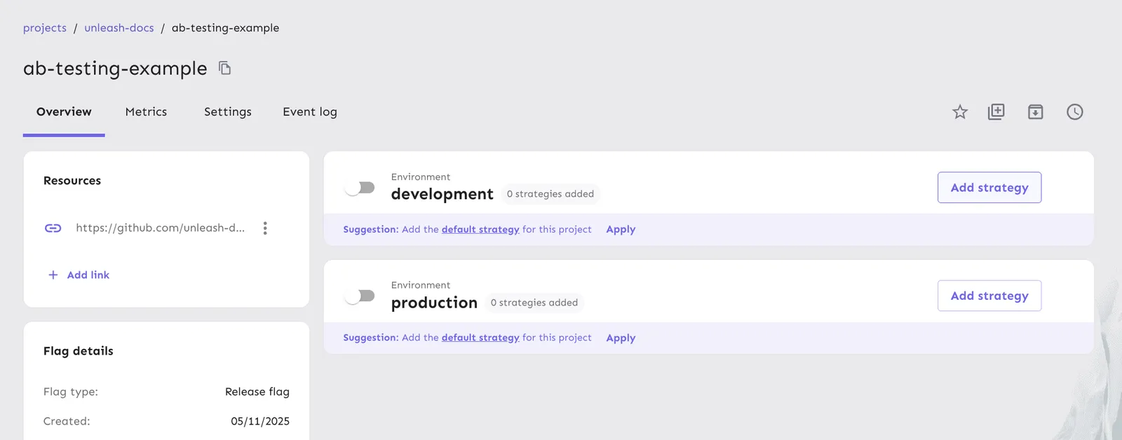Add your first strategy from the flag view in Unleash.