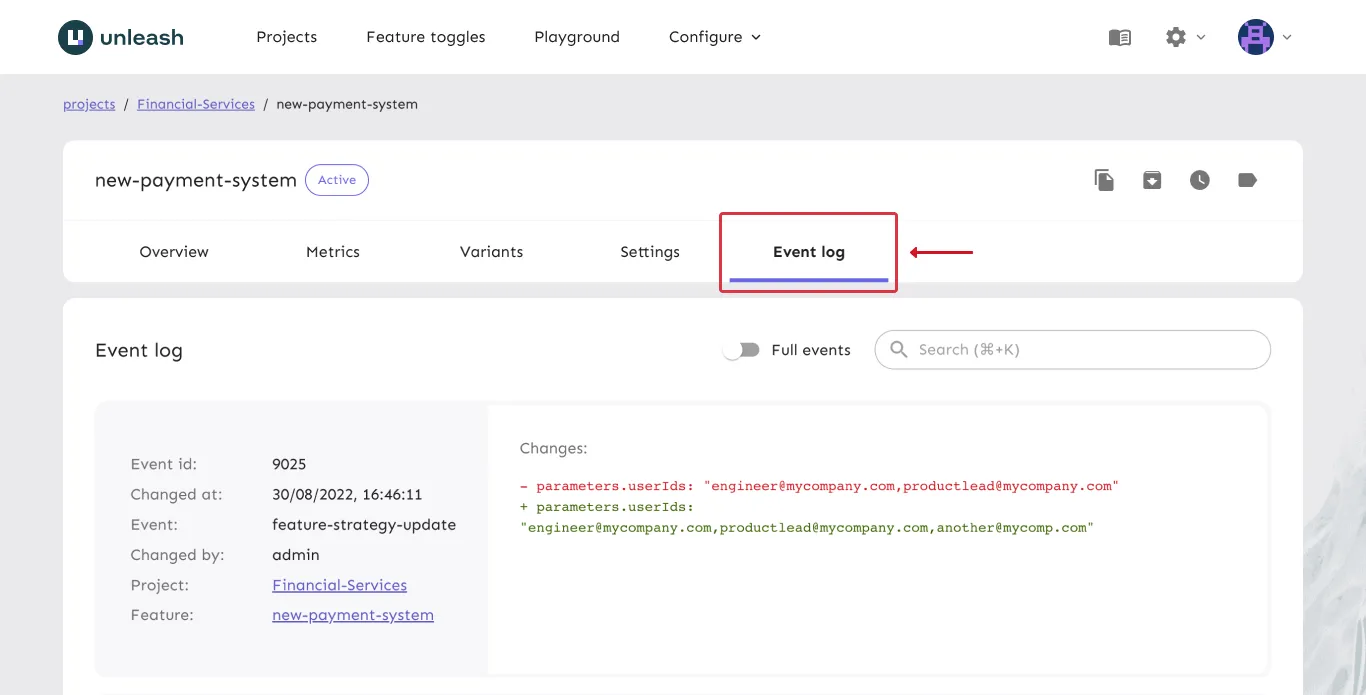 Events for a feature flag. The Event log tab is highlighted and the UI shows the most recent changes, including a JSON diff and the change details.