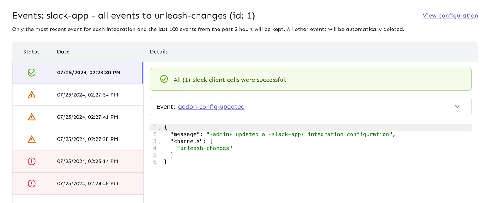 Integration events view, with the sorted list on the left side and the detailed view on the right side.