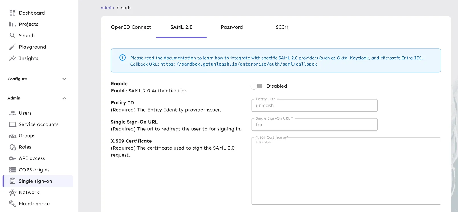 In Unleash's Single Sign-On page, there are four tabs to set up Open ID Connect, SAML 2.0, traditional passwords, and SCIM.