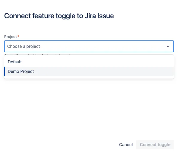 Jira Cloud: connect feature flag form. The project selection dropdown contains all Unleash projects