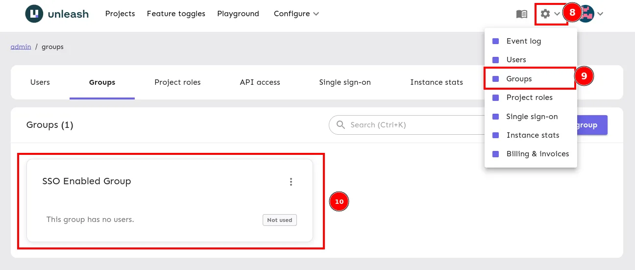 The Groups page with a group element highlighted.