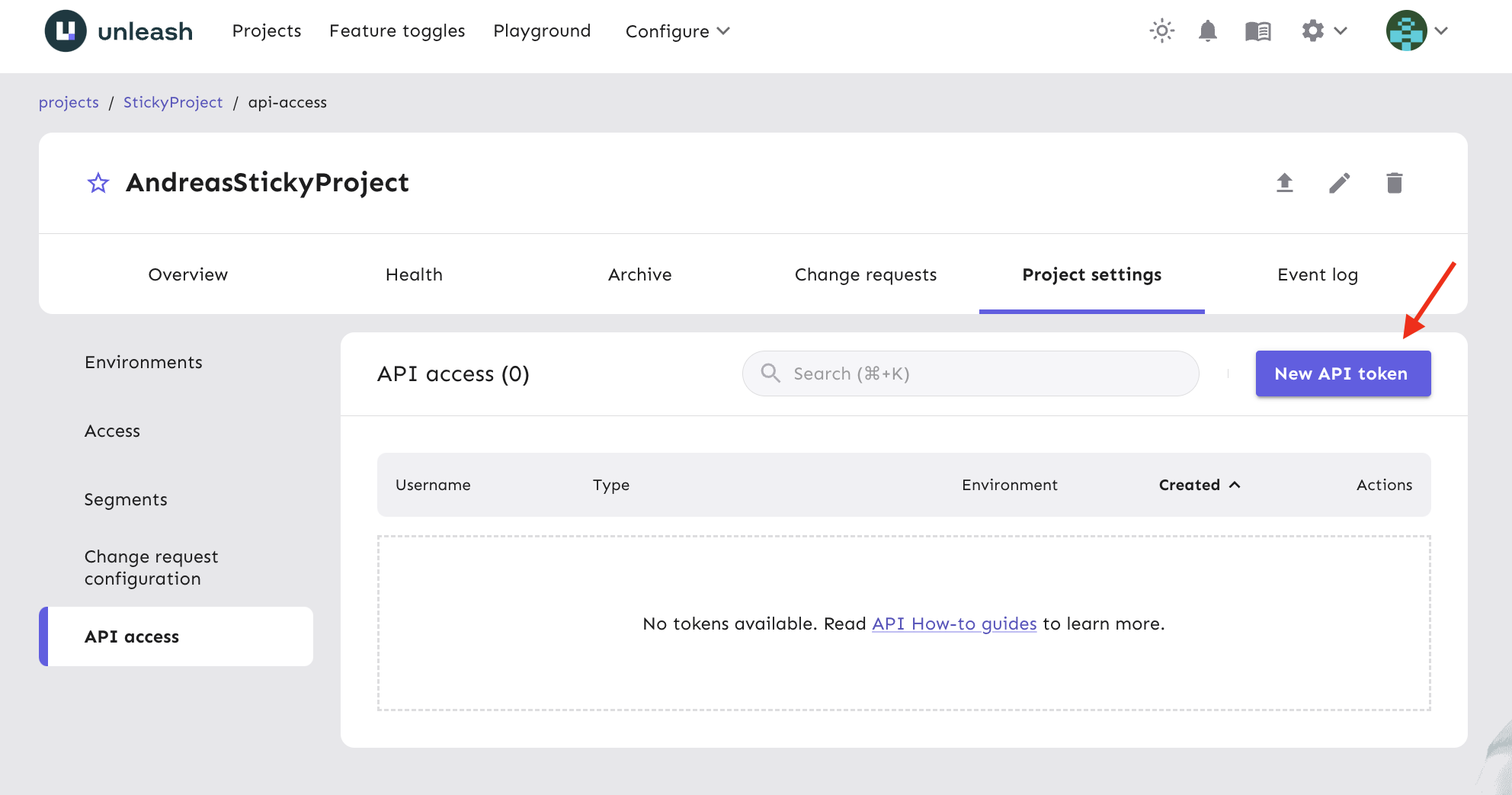 The Project API access page with the &quot;New API token&quot; button highlighted.