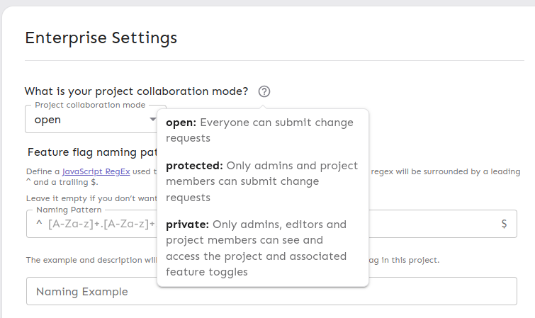 Project creation form with a collaboration mode field and corresponding explanation.
