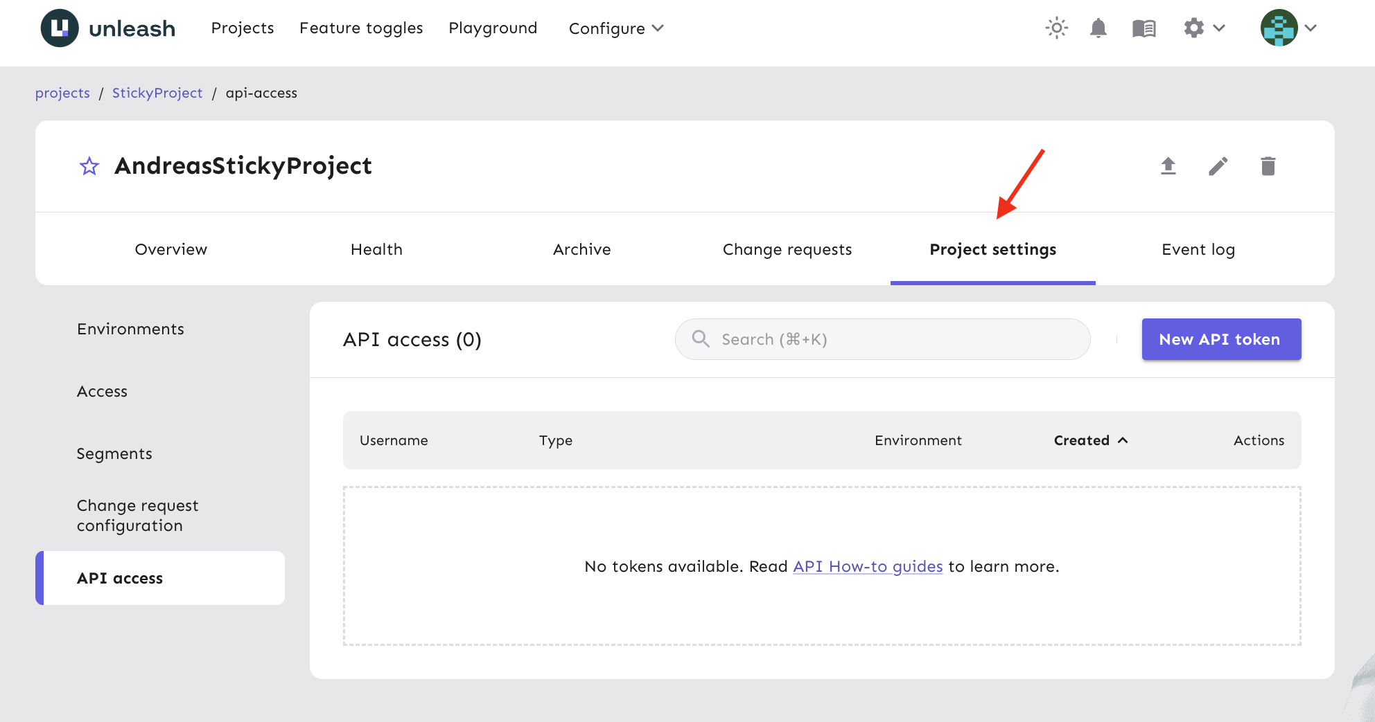 The Project overview &quot;Project settings&quot; submenu with the API access item highlighted.