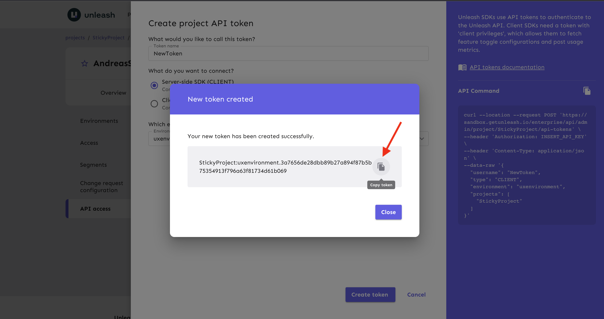 API access token table with a &quot;copy token&quot; button highlighted.