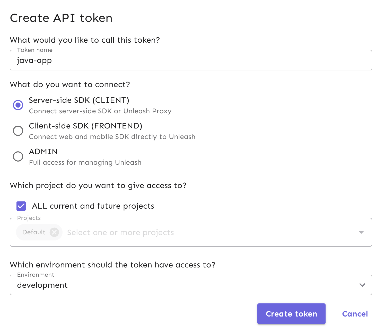 Name your API token and make sure it is a server-side SDK token.
