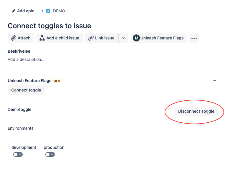 Jira Cloud: issue with a connected toggle. The &#39;disconnect toggle&#39; button (highlighted) is displayed next to the toggle&#39;s name.
