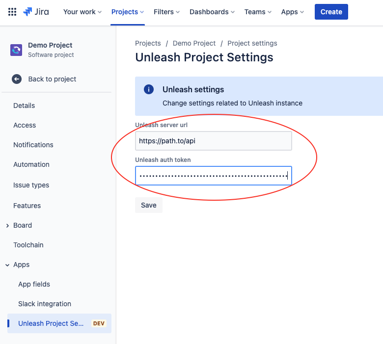 Jira Cloud: Unleash project settings. A form with inputs for Unleash URL and an Unleash auth token.