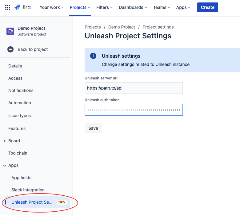 Jira Cloud project settings page with the apps menu open. The link to Unleash project settings is highlighted.