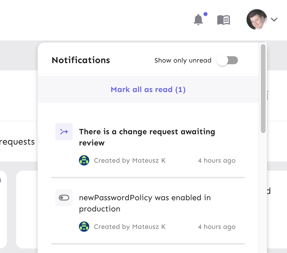 The notifications overview. It&#39;s telling the user about a feature that was enabled in production and that there is a change request ready for review.