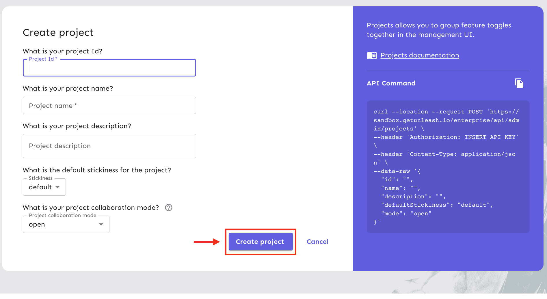 A project creation form. The &quot;Create&quot; button is highlighted.