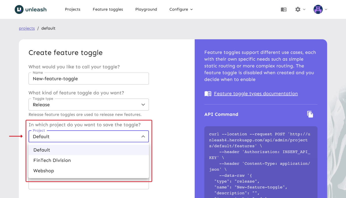 A form to create a toggle. The &quot;project&quot; input is expanded to show projects you can create the toggle in.