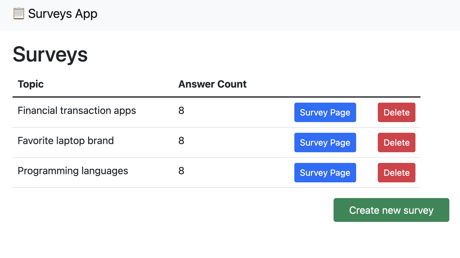 Screenshot of app in browser with delete buttons in survey table