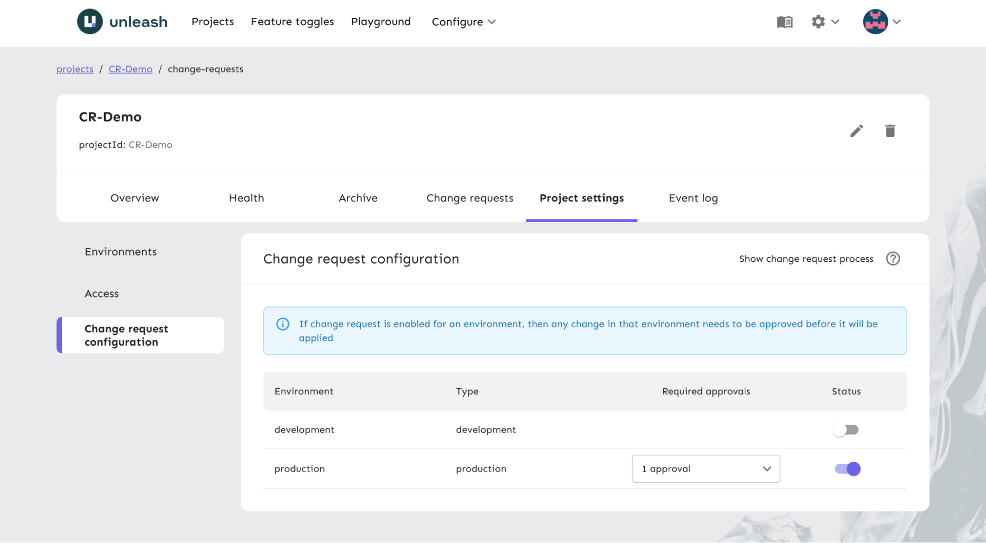 Change request configuration page under project settings.