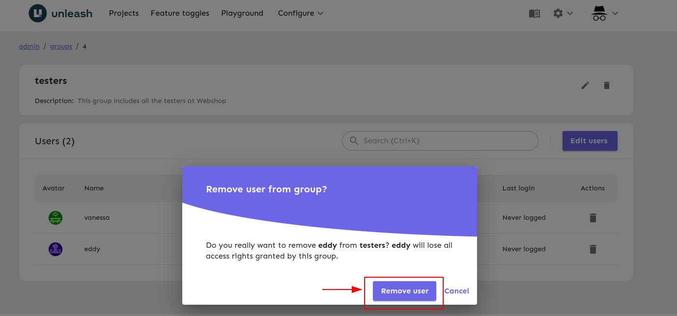 The manage group page with the confirm user removal dialog shown.