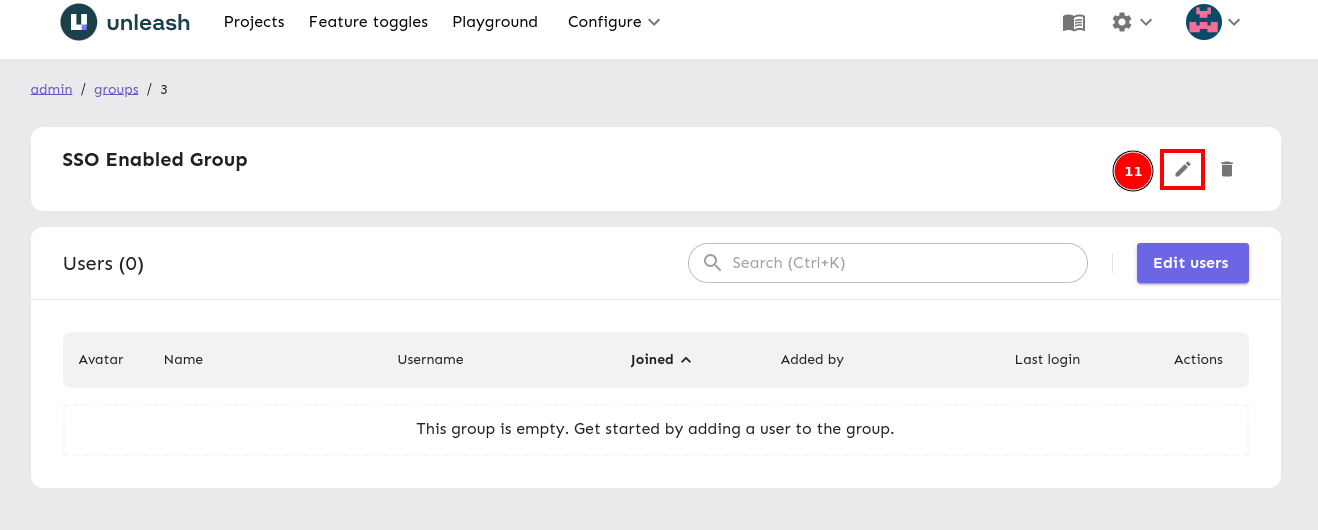 The Group page with the Edit group element highlighted.