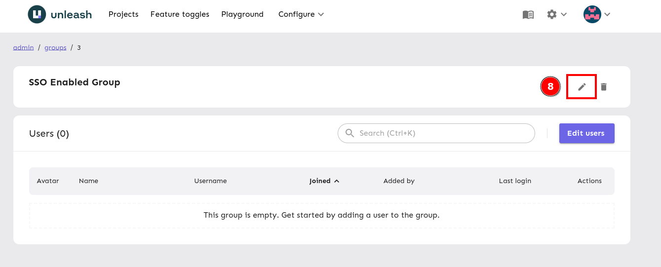 The group configuration screen with edit group highlighted.