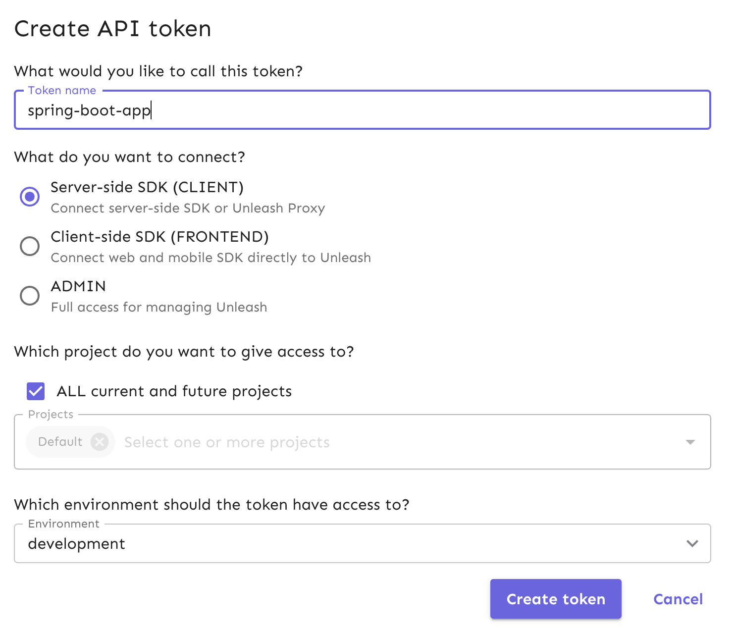Name your API token and ensure it is a server-side SDK token.