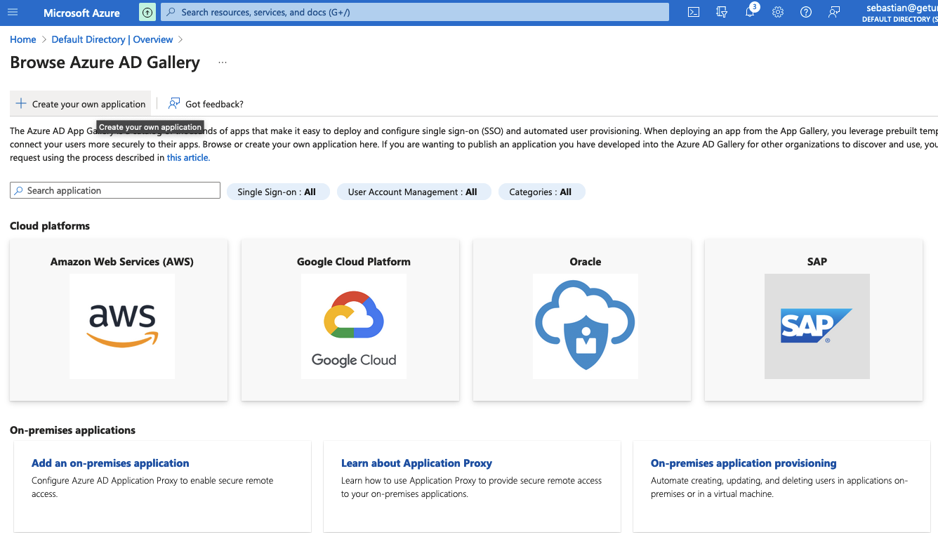 The Azure AD gallery. The &quot;create your own application&quot; button is highlighted.