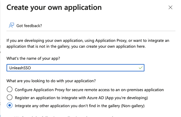 Azure application creation form. The name is set to &quot;UnleashSSO&quot; and the &quot;non-gallery&quot; option is selected.