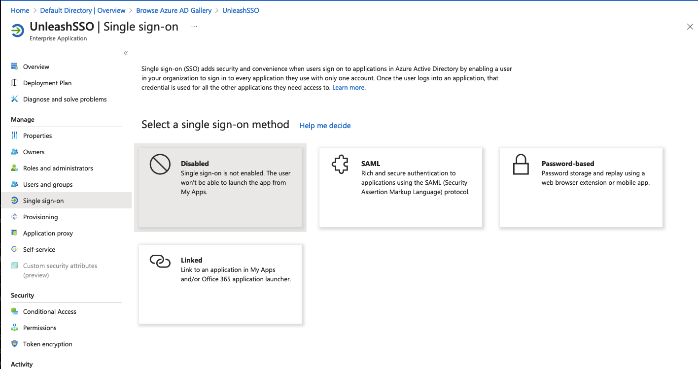 Azure: SSO method selection page