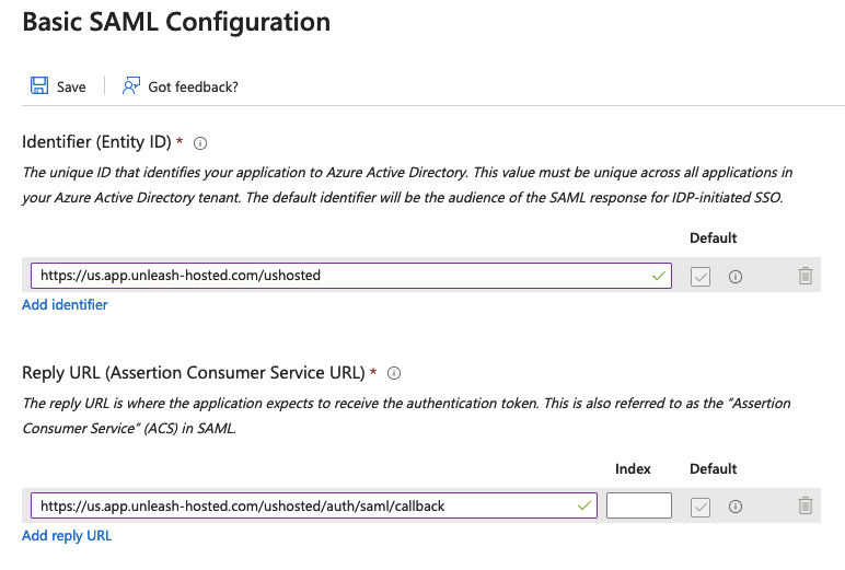 Azure: The basic SAML configuration form with example values filled out for the required fields.