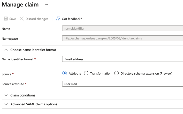 Azure: The manage claim form with email configuration filled out