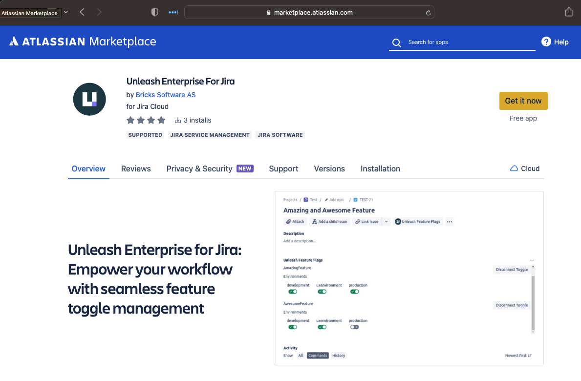 Atlassian marketplace landing page for the Unleash Enterprise For Jira plugin.